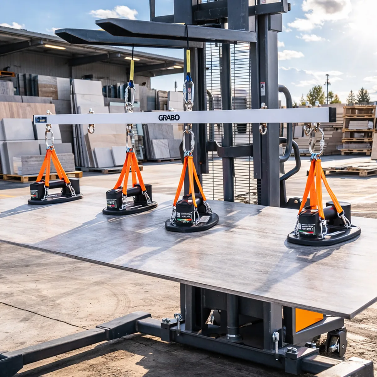 GRABO® U-Hoist 在室外用叉车搬运大型面板